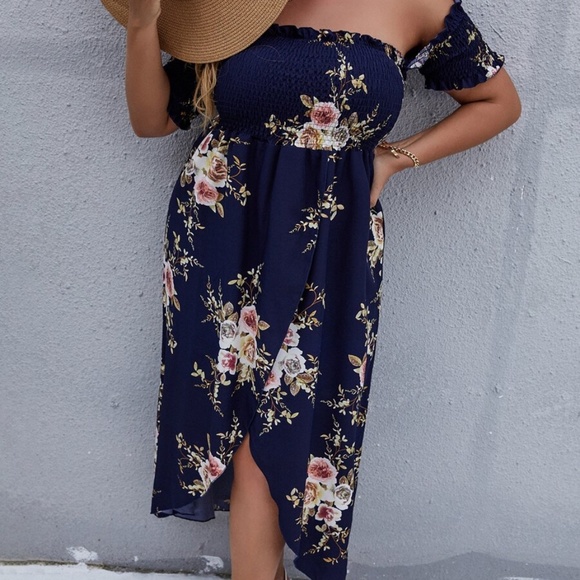 Boho Plus Floral Print Off Shoulder Cottagecore Dress - Picture 7 of 14